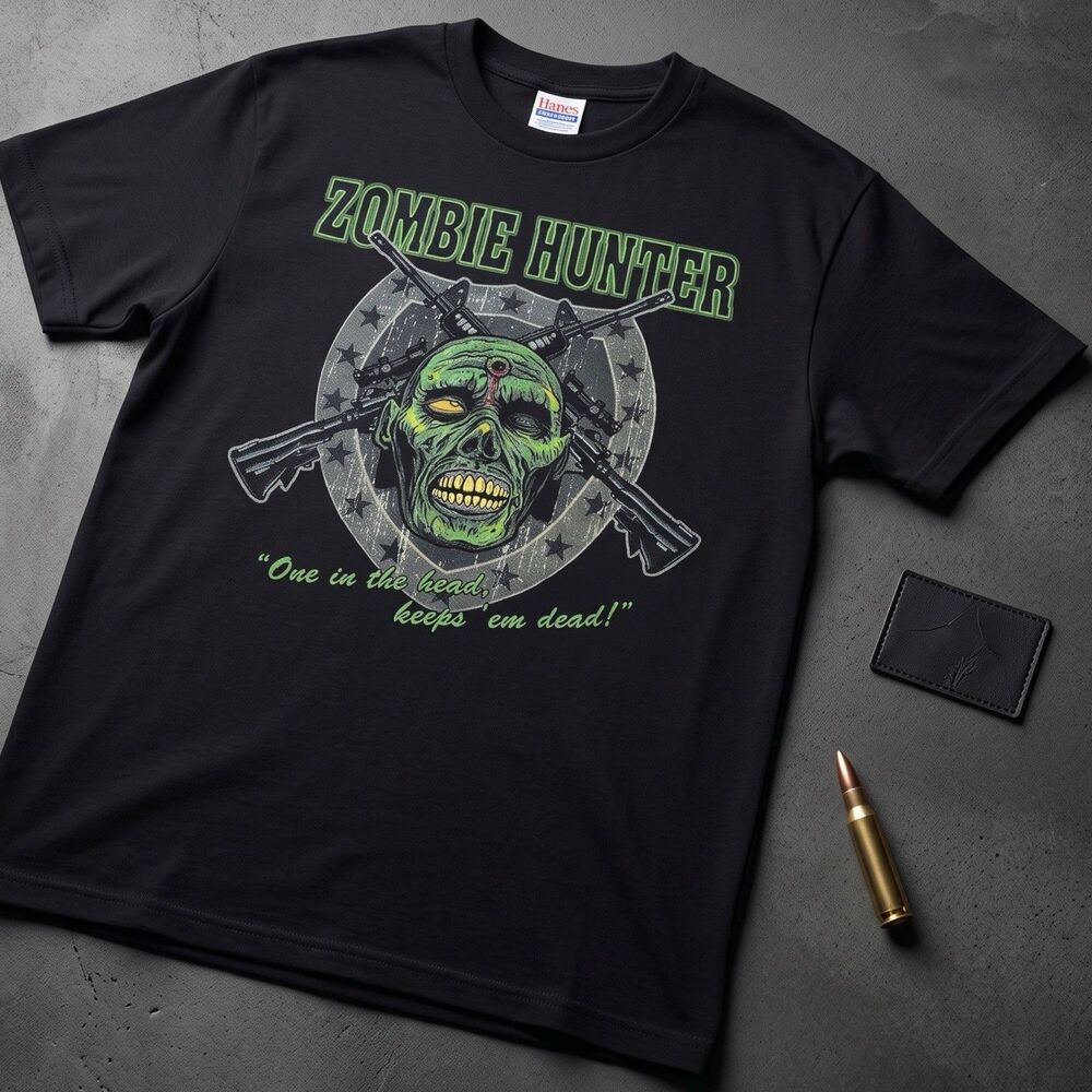 VTG Y2K Hanes Zombie Hunter T-Shirt Mens SMALL Black Graphic Tee Scary Halloween